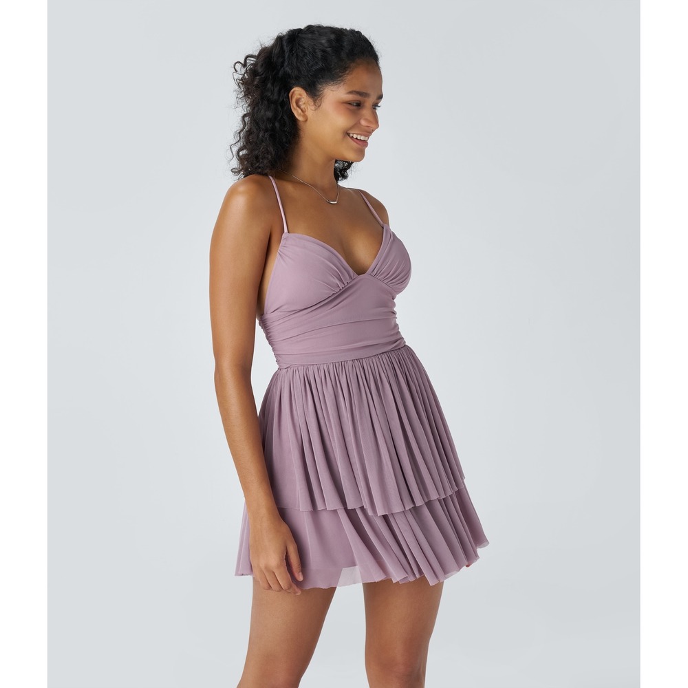 Halara Ruffle Mesh Mini Dress Womens L Lavender Corset Back Tiered V-Neck NWT